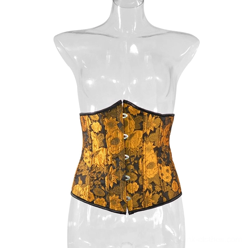 Golden sunflower corset on mannequin - flat front display showing embroidered floral jacquard and button closure detail