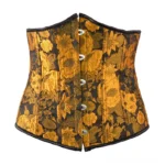Golden sunflower steampunk underbust corset front view - embroidered jacquard pattern with black trim and front busk closure