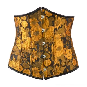 Golden sunflower steampunk underbust corset front view - embroidered jacquard pattern with black trim and front busk closure