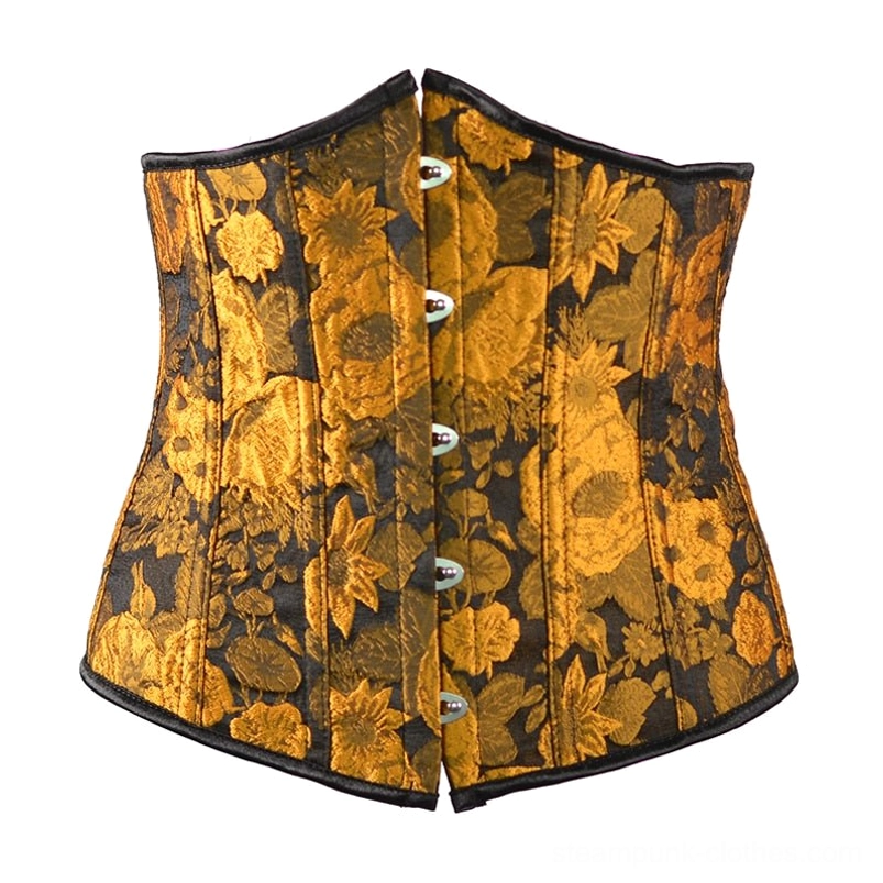 Golden sunflower steampunk underbust corset front view - embroidered jacquard pattern with black trim and front busk closure