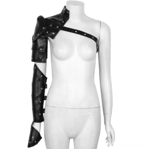 Single-side steampunk arm armor on female mannequin, front view displaying black faux leather material, structured shoulder guard, segmented forearm protection, and cross-body strap design