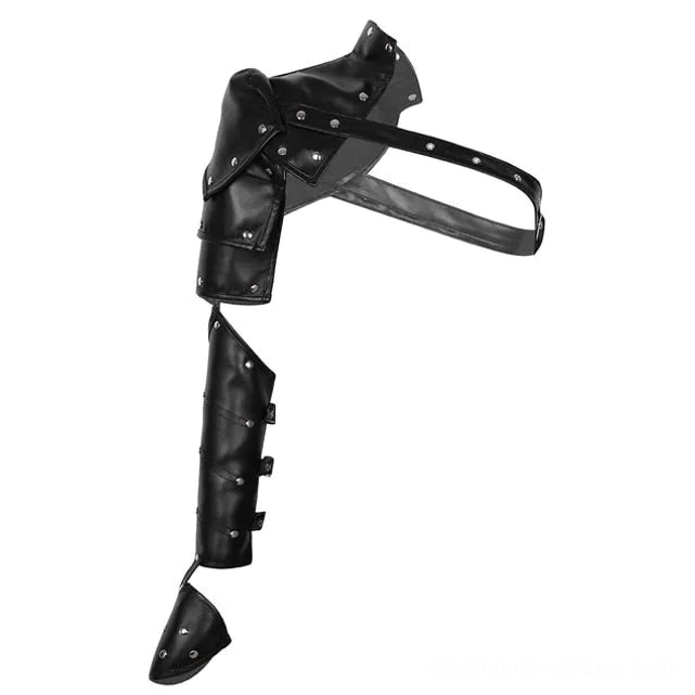 Single steampunk arm armor flat lay side view showcasing black faux leather material, layered shoulder pad structure, and segmented forearm guard design with metal details