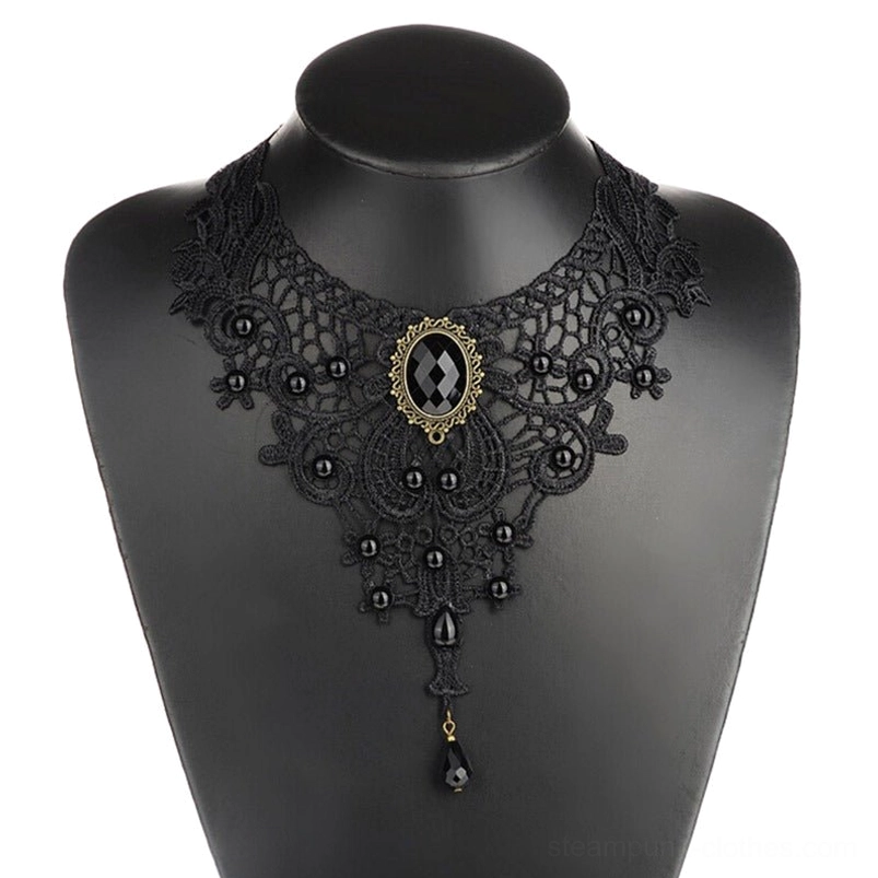 Gothic black lace choker necklace with vintage bronze hardware and teardrop pendant on mannequin display full view