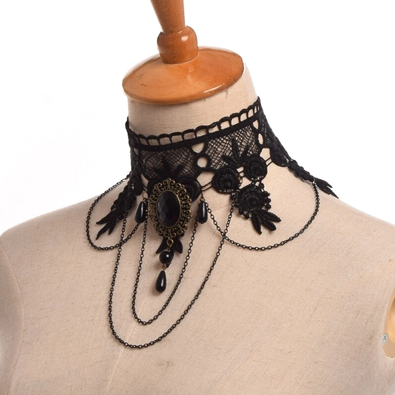 Side profile view of black lace steampunk choker necklace on mannequin, showing lace detail and pendant