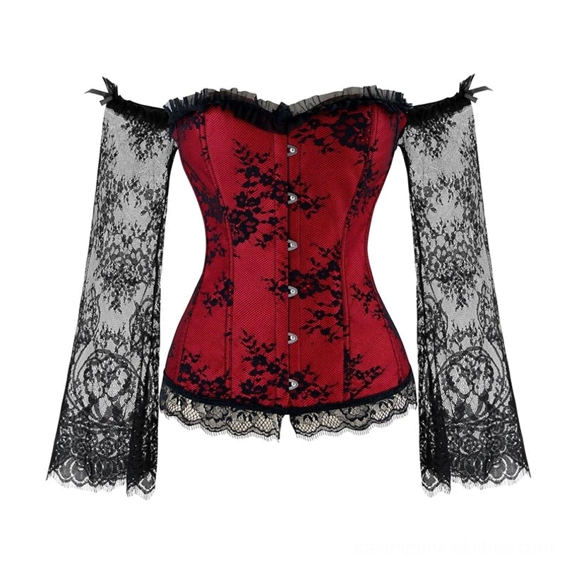 Red and black gothic corset flat lay front view with floral lace pattern and hem trim detail