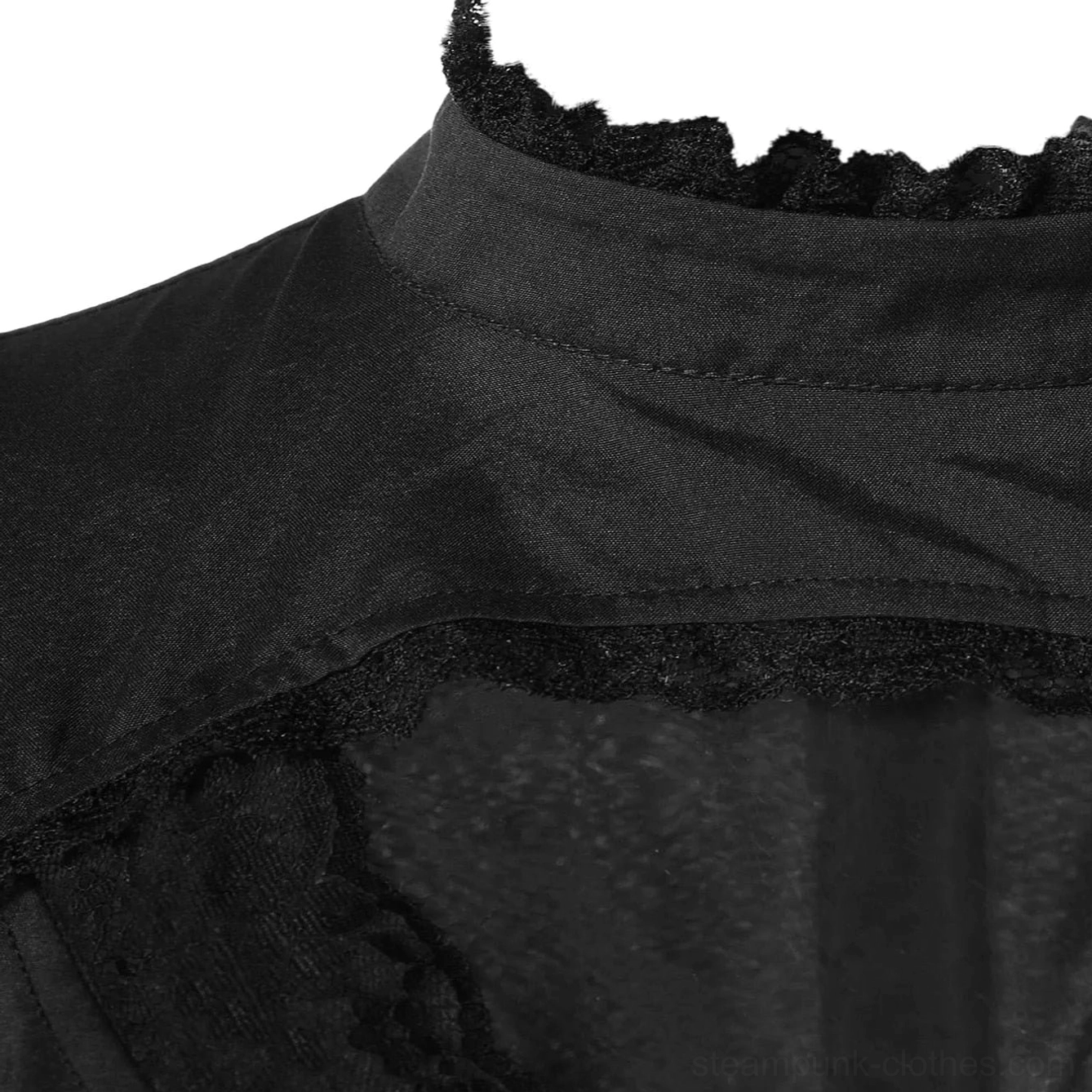 Ruffled lace stand collar neckline detail of black gothic steampunk dress showing neat seam stitching and matte woven fabric