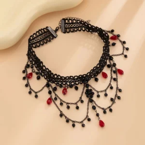 Gothic lace choker necklace flat lay on mannequin, displaying intricate chain layers, secure clasp closure, and detailed lace structure from top-down perspective