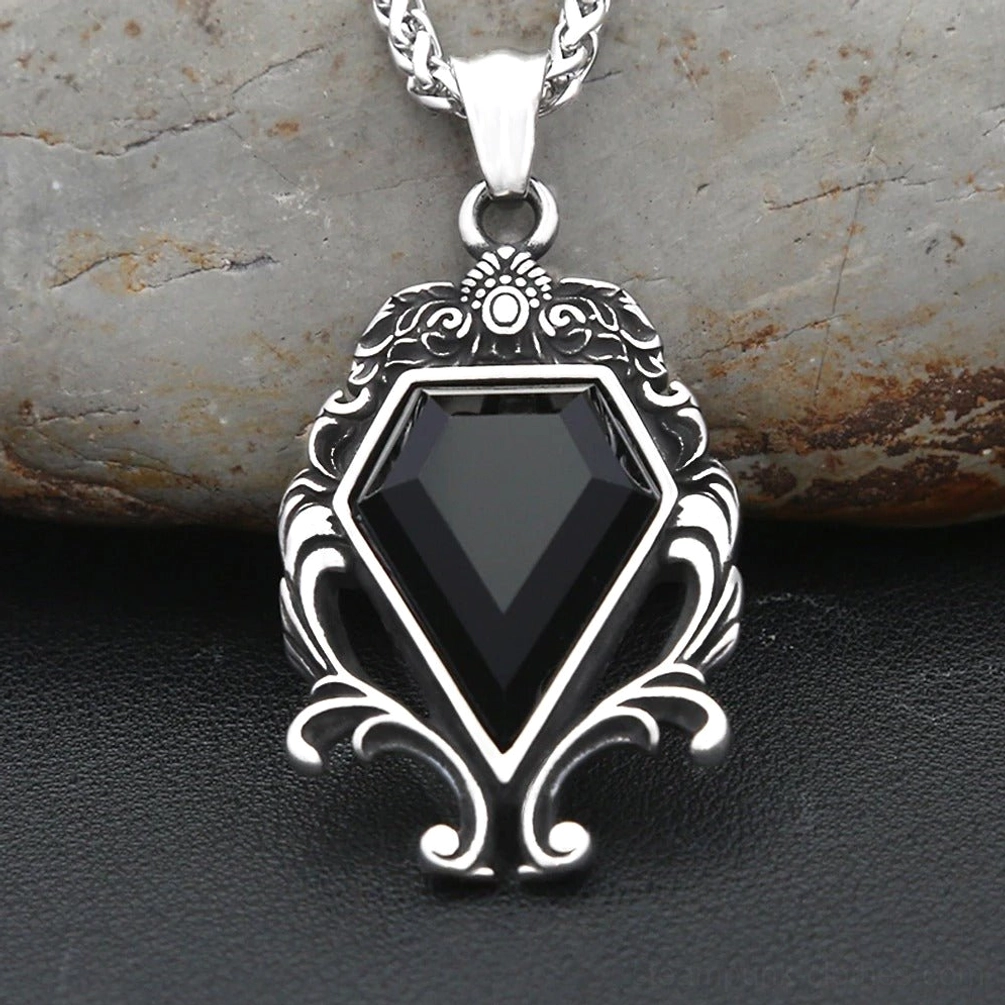 gothic victorian necklace flat lay front view wheat link chain faceted black gem