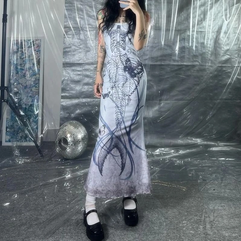 Skeleton butterfly print fishtail dress side view with Mary Jane shoes and white socks dark aesthetic