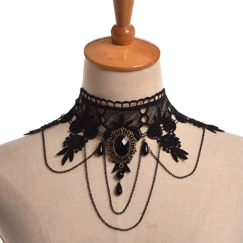 Black floral lace choker necklace on dress form mannequin, front view with adjustable chain display