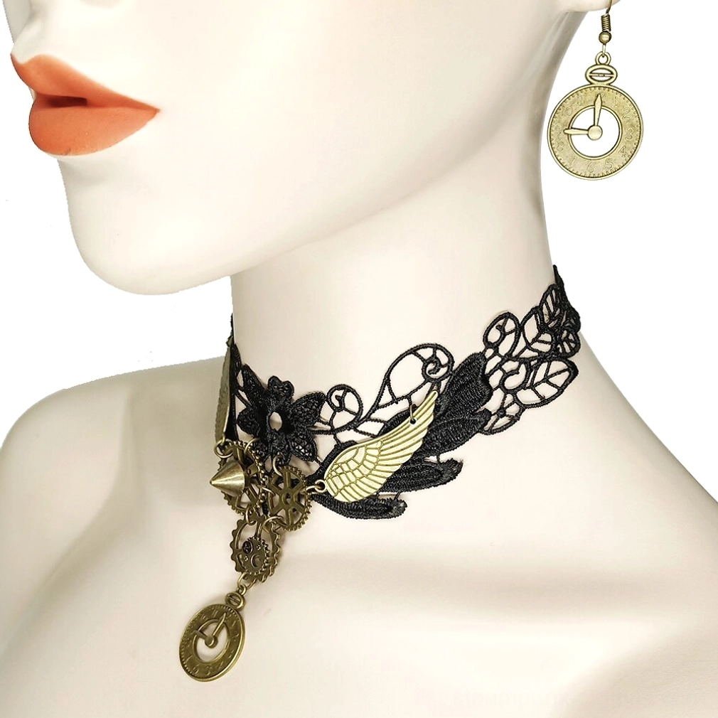 Black lace steampunk choker necklace displayed on female mannequin three-quarter side view - bronze gear charms and matching drop earring detail visible