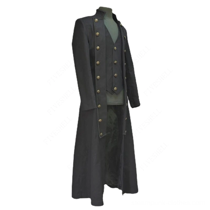 Industrial steampunk long coat front view on display mannequin featuring dark layered vest overlay