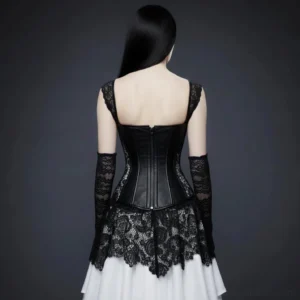 Gothic steampunk corset dress back view - back zipper closure with lace straps and matching black lace overlay tiered white skirt