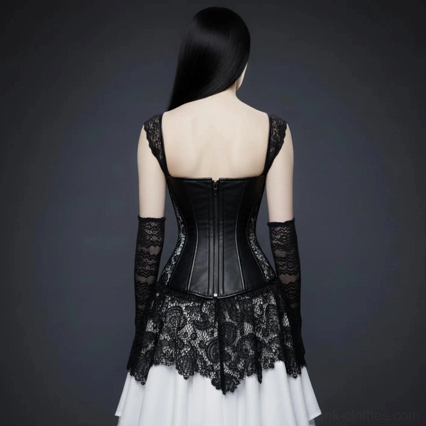 Gothic steampunk corset dress back view - back zipper closure with lace straps and matching black lace overlay tiered white skirt