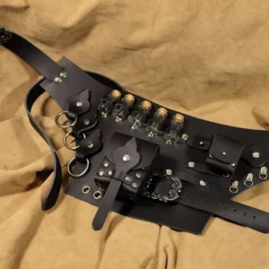 Alchemist steampunk corset belt flat lay top-down overhead view displaying functional glass potion bottles with cork stoppers, adjustable leather straps, vintage antique-tone metal hardware, and integrated storage pouches
