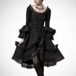 Black gothic steampunk corset dress with front lace-up, tiered ruffled skirt, bell sleeves, and lace trim - worn by female model in three-quarter front view against light gray background