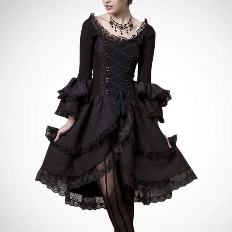 Black gothic steampunk corset dress with front lace-up, tiered ruffled skirt, bell sleeves, and lace trim - worn by female model in three-quarter front view against light gray background