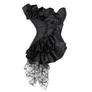 Black gothic victorian steampunk corset right front angle showing detailed lace hem and jacquard pattern texture