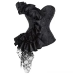 Black gothic victorian steampunk corset front three-quarter view with ornate jacquard fabric and layered satin ruffles