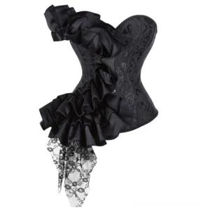 Black gothic victorian steampunk corset front three-quarter view with ornate jacquard fabric and layered satin ruffles