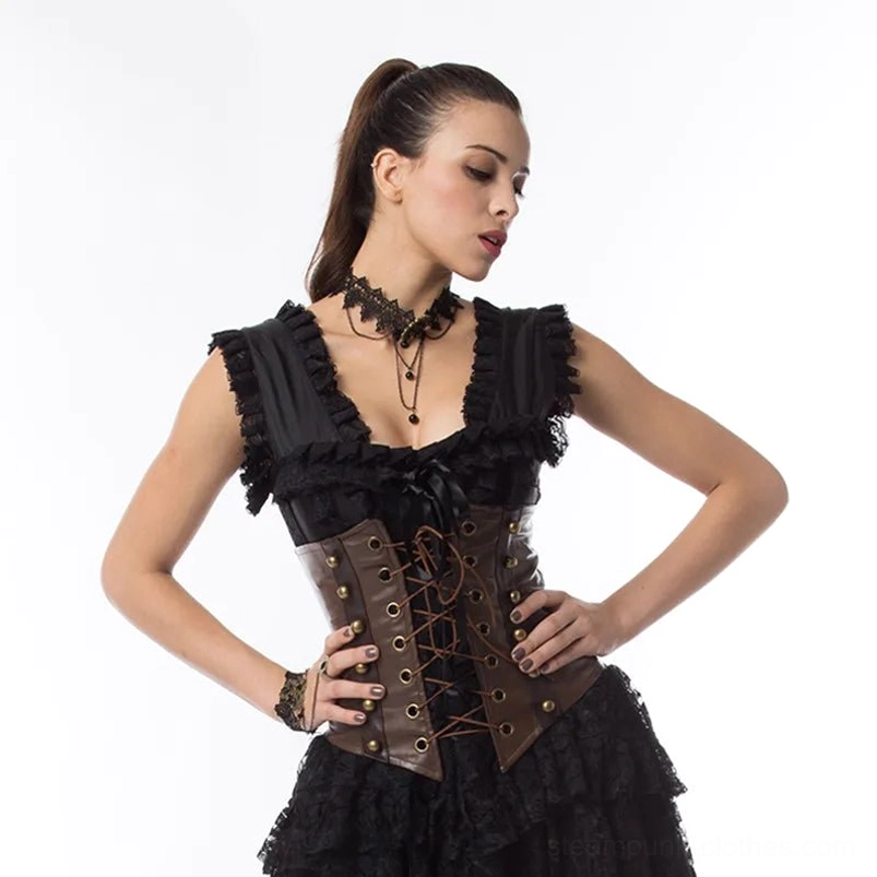 Steampunk corset styled with black ruffled blouse and lace choker, front three-quarter view showing lace-up construction detail