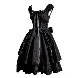 Gothic steampunk evening dress back view featuring large satin bow detail and corset lace-up construction