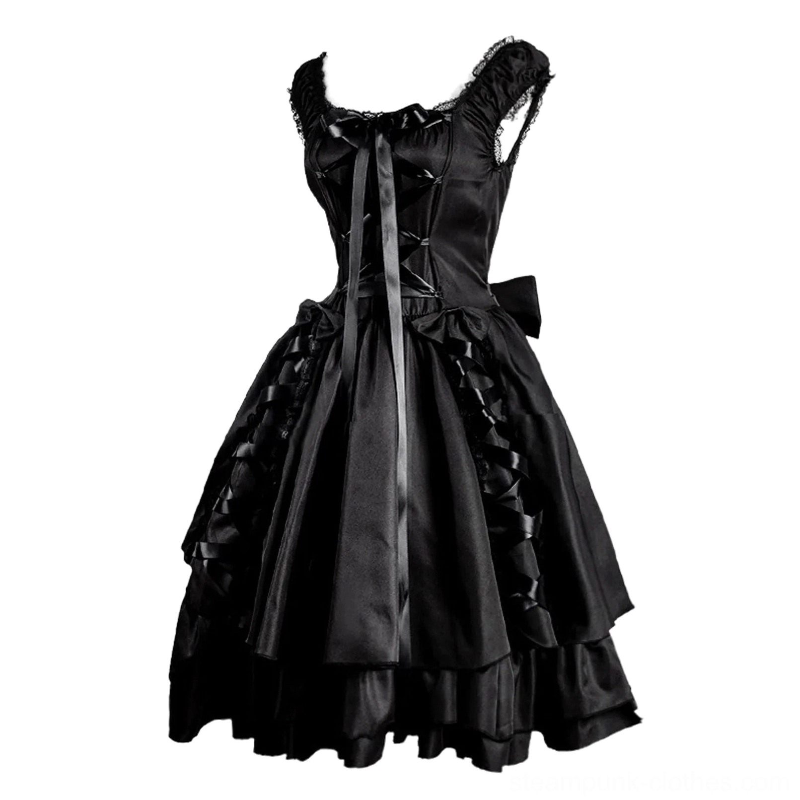 Gothic steampunk evening dress back view featuring large satin bow detail and corset lace-up construction