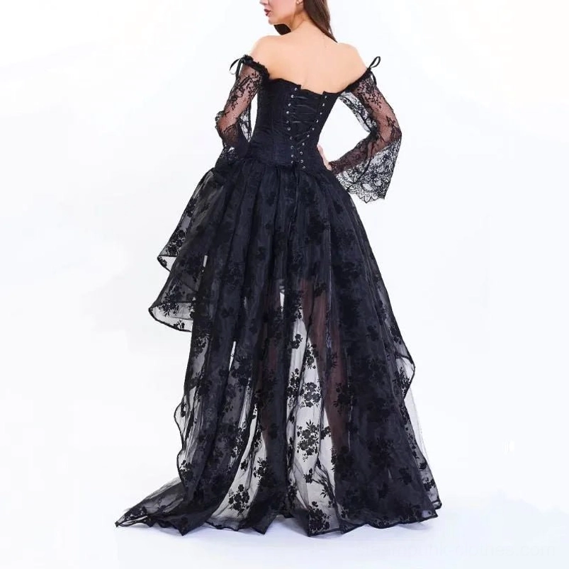 Backless gothic steampunk dress with corset back closure and sheer lace sleeves, full back view
