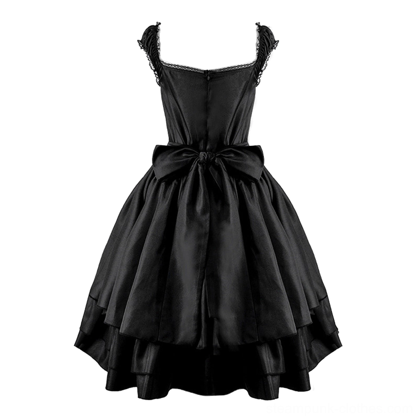 Black gothic steampunk prom dress back view displaying double-layer satin skirt and square lace neckline detail