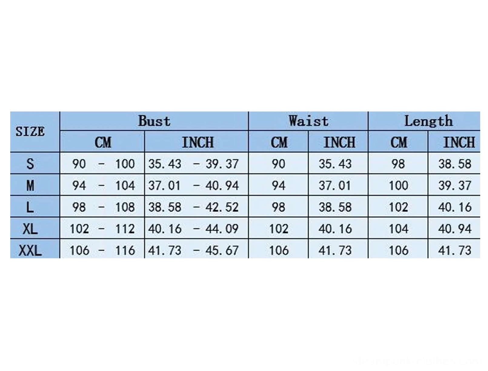Size chart for gothic steampunk prom dress showing measurements in centimeters and inches for sizes S through XXL