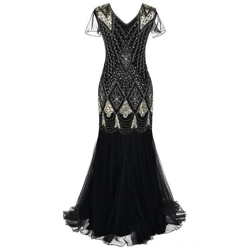 Black tulle steampunk evening dress with Art Deco gold embellishments and mermaid silhouette