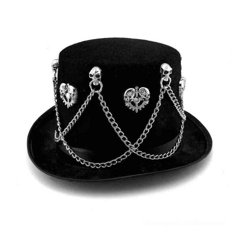 Steampunk gothic top hat black velvet alternative layout of silver chain decorations and metal accents, detailed standalone product view