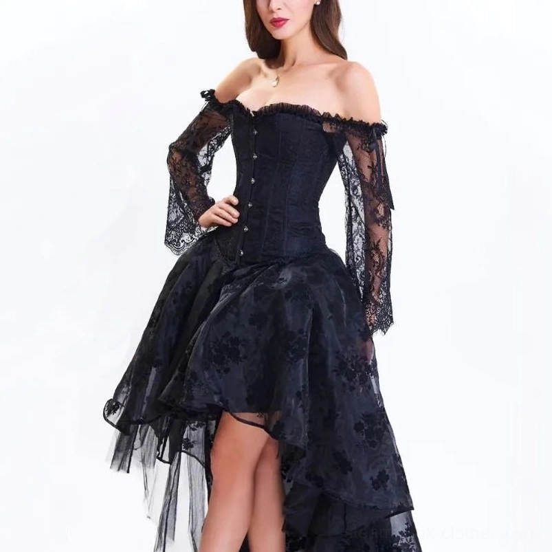 High-low gothic steampunk cocktail dress with ruffled off-shoulder neckline and flare lace sleeves, side view