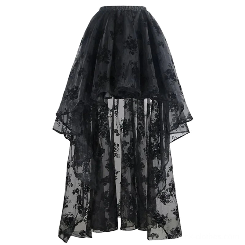 High-low gothic skirt with floral mesh overlay and asymmetric hemline, steampunk style front view