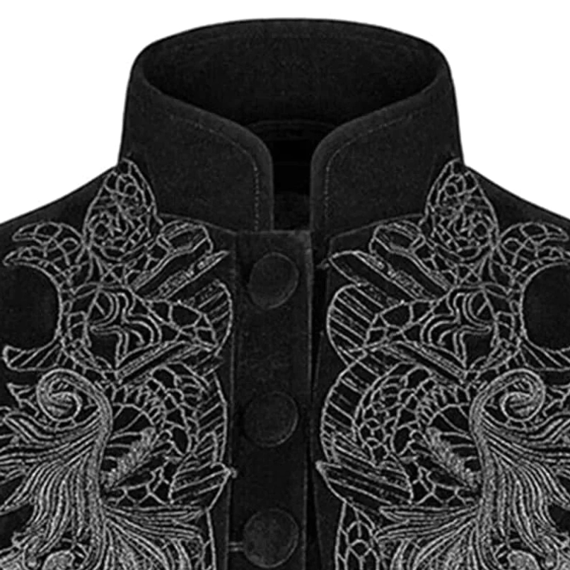 Detailed close-up of black steampunk jacket's structured stand-up collar, ornate grey embroidered patterns on front placket, decorative fabric buttons, and intricate embellishment craftsmanship