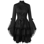 Black gothic steampunk lace dress with corset lace-up front, ruffled stand collar, heart-shaped chest cutout, and tiered skirt - full front view