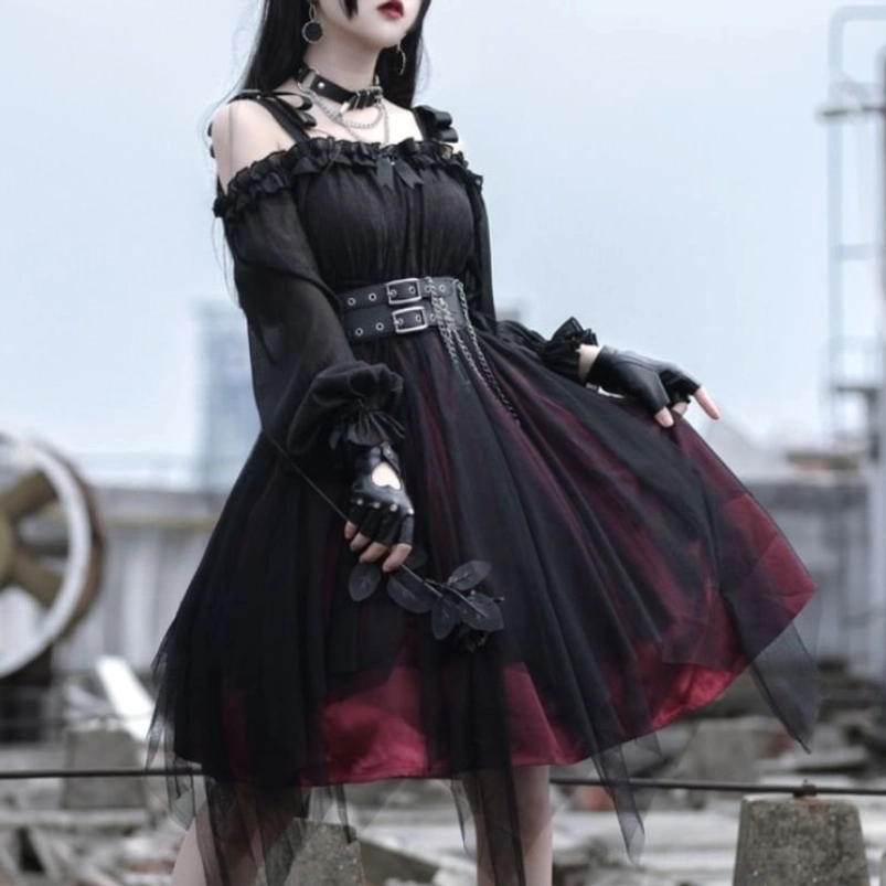 Front half-body view of steampunk military lolita dress featuring off-shoulder design with ruffled neckline, puff long sleeves, black choker, and fingerless tactical gloves