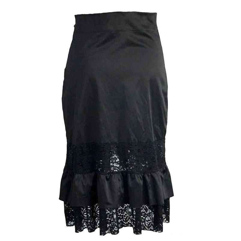 Gothic tiered midi steampunk skirt with layered ruffled lace hem, black fabric, front flat view display