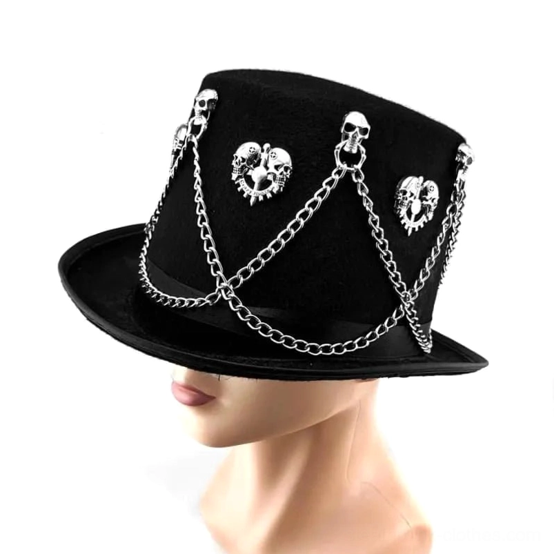 Steampunk gothic top hat right three-quarter view on mannequin displaying silver chain accents and velvet construction from angled perspective