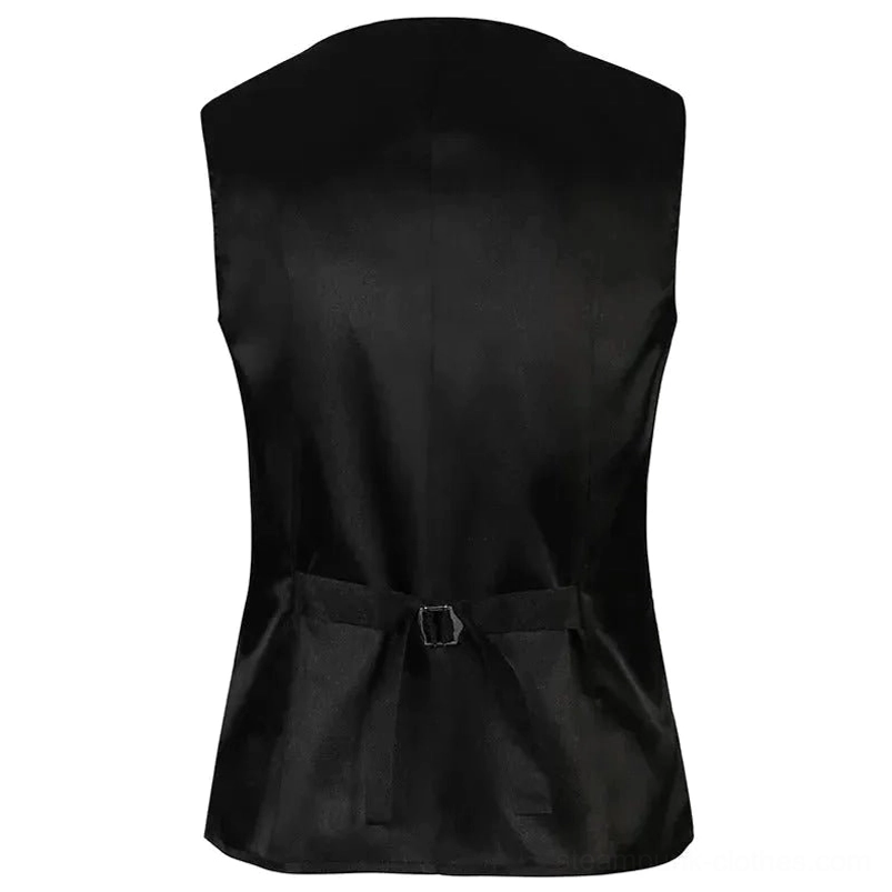 Gothic steampunk waistcoat back view featuring smooth satin panel and adjustable waist buckle strap - rear view