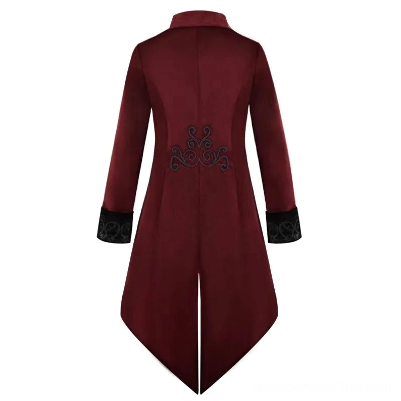 Gothic velvet tailcoat back view flat lay - burgundy velvet with ornate black scroll embroidery on shoulders and back split hem, steampunk design