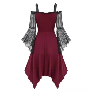 Gothic steampunk vampire dress solid burgundy design with irregular handkerchief hemline and front buckle trim—flat lay front view