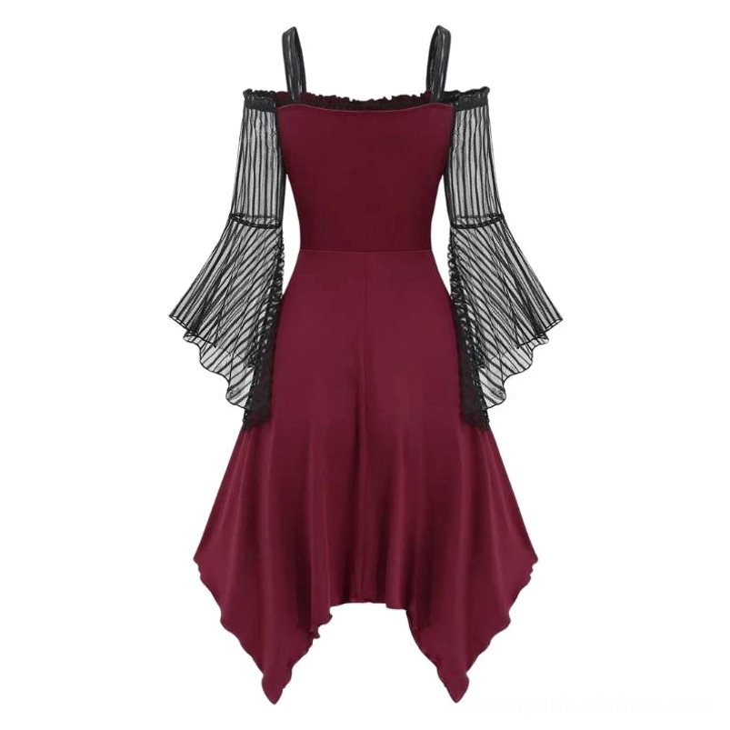 Gothic steampunk vampire dress solid burgundy design with irregular handkerchief hemline and front buckle trim—flat lay front view