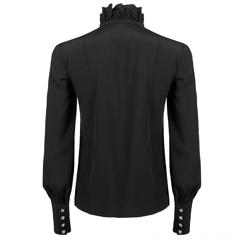 Black gothic vampire shirt back view displaying fitted silhouette, structured ruffled stand collar, and buttoned long sleeves