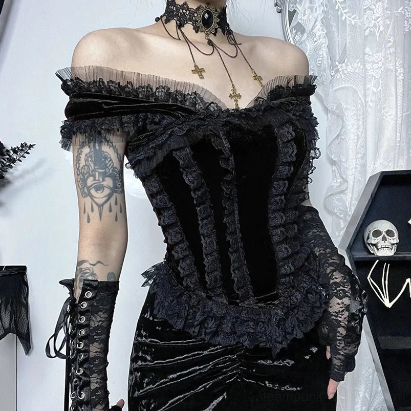 Side profile of steampunk gothic velvet corset top showing ruffled lace trim and sculptural silhouette