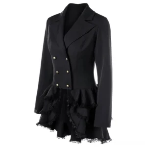 Black gothic Victorian blazer dress featuring peak lapel, long fitted sleeves, and delicate lace ruffled skirt edge, three-quarter front view