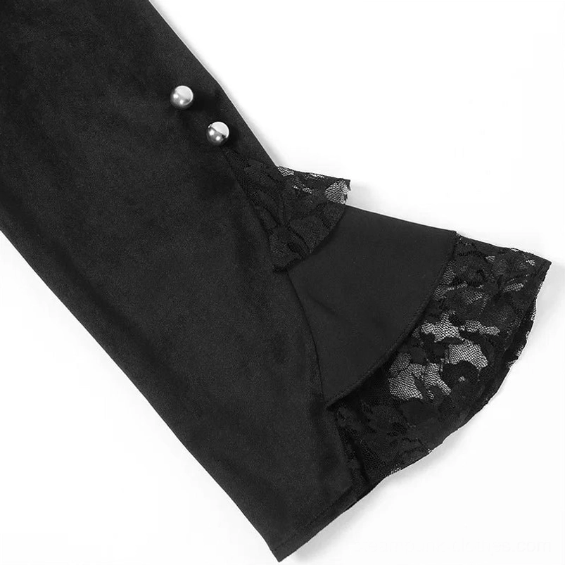 Detailed view of Victorian steampunk shirt cuff showing lace ruffled edge and decorative pearl buttons