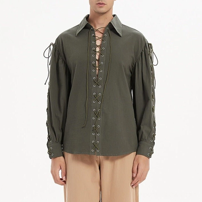 Full front view of men's green steampunk lace-up shirt showing complete front lacing design and sleeve lace trims