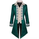 Green steampunk Victorian tailcoat jacket for men full front view with beige faux vest and ornate gold buttons