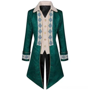 Green steampunk Victorian tailcoat jacket for men full front view with beige faux vest and ornate gold buttons